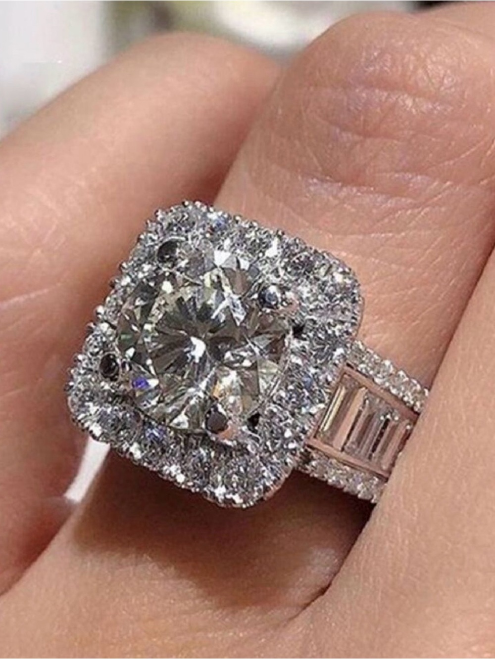 18K White Gold diamond wedding Cushion Cut Round Baguette engagement ring size 6